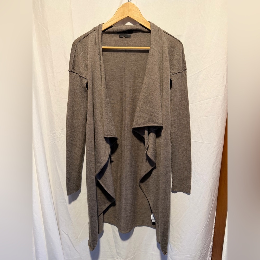 Tahari Taupe Open-Front Draped Merino Wool Cardigan
